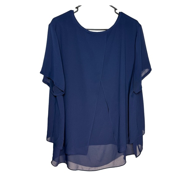 Michael Kors Womens 2XL Navy Blue Layered Chiffon Split Back Short Sleeve Blouse - Picture 6 of 7
